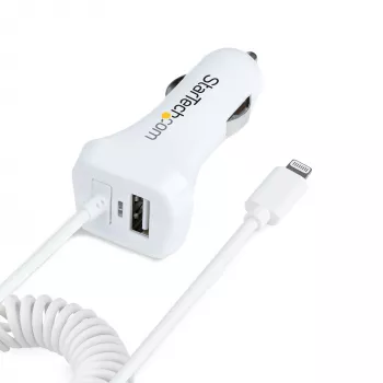StarTech.com Lightning automašīnas lādētājs ar spirālveida kabeli, 1m spirālveida Lightning kabelis, 12W, balts, 2 portu USB automašīnas lādētāja adapteris tālruņiem un planšetdatoriem, dubultā USB automašīnas iPhone lādētājs
