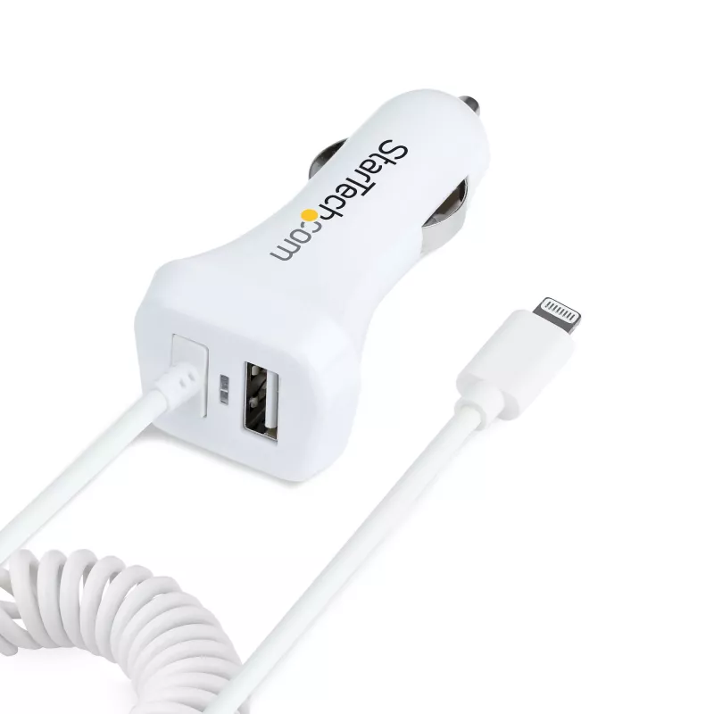StarTech.com Lightning automašīnas lādētājs ar spirālveida kabeli, 1m spirālveida Lightning kabelis, 12W, balts, 2 portu USB automašīnas lādētāja adapteris tālruņiem un planšetdatoriem, dubultā USB automašīnas iPhone lādētājs