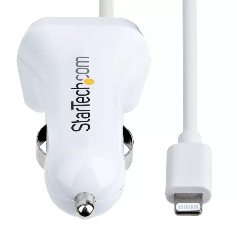 StarTech.com Lightning automašīnas lādētājs ar spirālveida kabeli, 1m spirālveida Lightning kabelis, 12W, balts, 2 portu USB automašīnas lādētāja adapteris tālruņiem un planšetdatoriem, dubultā USB automašīnas iPhone lādētājs