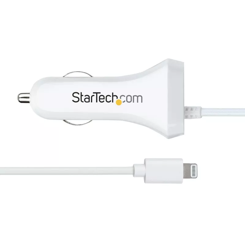 StarTech.com Lightning automašīnas lādētājs ar spirālveida kabeli, 1m spirālveida Lightning kabelis, 12W, balts, 2 portu USB automašīnas lādētāja adapteris tālruņiem un planšetdatoriem, dubultā USB automašīnas iPhone lādētājs