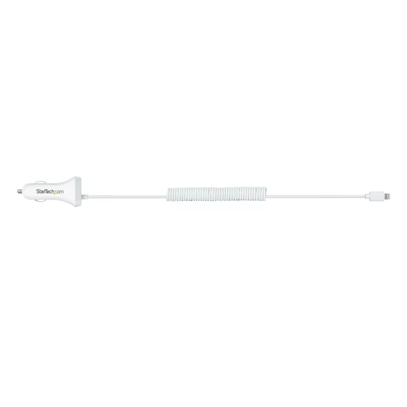 StarTech.com Lightning automašīnas lādētājs ar spirālveida kabeli, 1m spirālveida Lightning kabelis, 12W, balts, 2 portu USB automašīnas lādētāja adapteris tālruņiem un planšetdatoriem, dubultā USB automašīnas iPhone lādētājs
