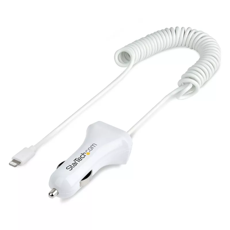 StarTech.com Lightning automašīnas lādētājs ar spirālveida kabeli, 1m spirālveida Lightning kabelis, 12W, balts, 2 portu USB automašīnas lādētāja adapteris tālruņiem un planšetdatoriem, dubultā USB automašīnas iPhone lādētājs