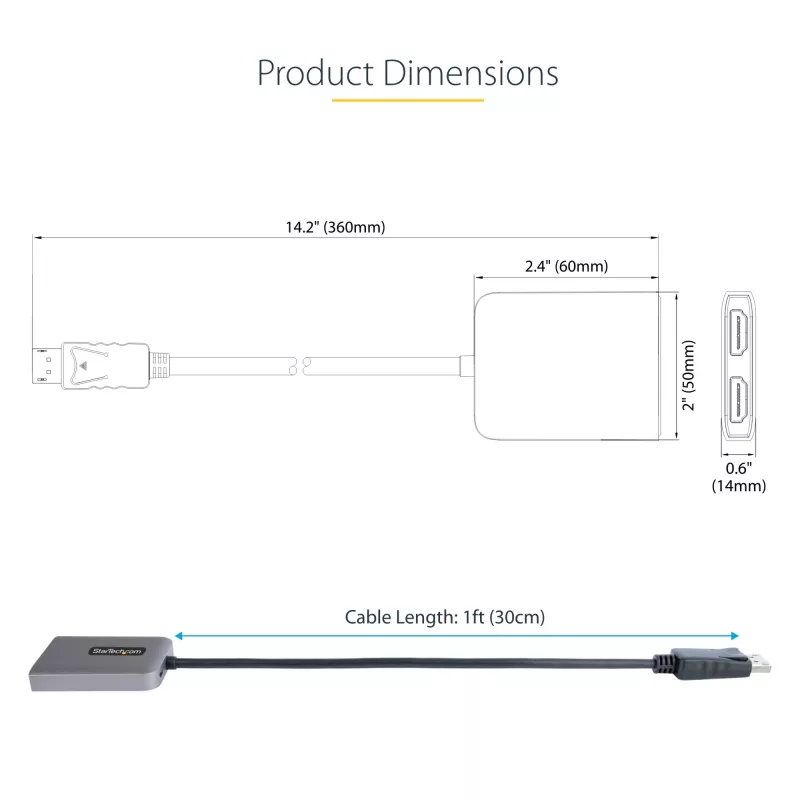 StarTech.com DP uz diviem HDMI MST HUB - Divi HDMI 4K 60Hz - DisplayPort vairāku monitoru adapteris ar 1 pēdas / 30 cm kabeli - DP 1.4 Multi Stream Transport centrs, DSC | HBR3 - DP uz HDMI sadalītājs