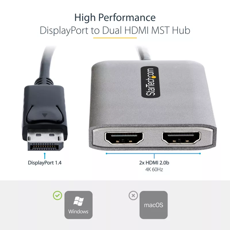 StarTech.com DP uz diviem HDMI MST HUB - Divi HDMI 4K 60Hz - DisplayPort vairāku monitoru adapteris ar 1 pēdas / 30 cm kabeli - DP 1.4 Multi Stream Transport centrs, DSC | HBR3 - DP uz HDMI sadalītājs