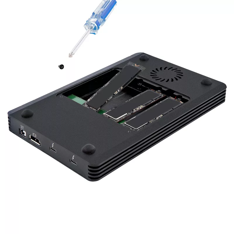 StarTech.com 4 nodalījumu Thunderbolt 3 NVMe korpuss, M.2 NVMe SSD diskiem, 1x DisplayPort video/ 2x TB3 pakārtotie porti, 40 Gbps, 72 W barošanas bloks, ārējais cietā diska korpuss