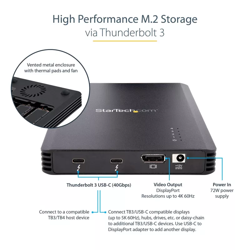 StarTech.com 4 nodalījumu Thunderbolt 3 NVMe korpuss, M.2 NVMe SSD diskiem, 1x DisplayPort video/ 2x TB3 pakārtotie porti, 40 Gbps, 72 W barošanas bloks, ārējais cietā diska korpuss
