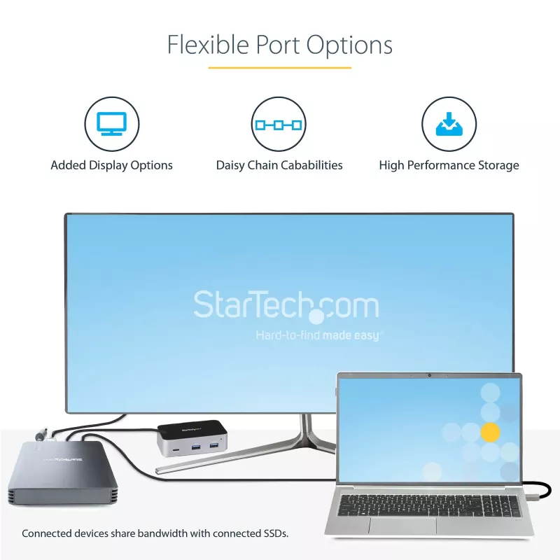 StarTech.com 4 nodalījumu Thunderbolt 3 NVMe korpuss, M.2 NVMe SSD diskiem, 1x DisplayPort video/ 2x TB3 pakārtotie porti, 40 Gbps, 72 W barošanas bloks, ārējais cietā diska korpuss