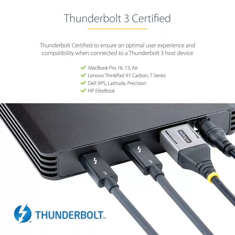 StarTech.com 4 nodalījumu Thunderbolt 3 NVMe korpuss, M.2 NVMe SSD diskiem, 1x DisplayPort video/ 2x TB3 pakārtotie porti, 40 Gbps, 72 W barošanas bloks, ārējais cietā diska korpuss