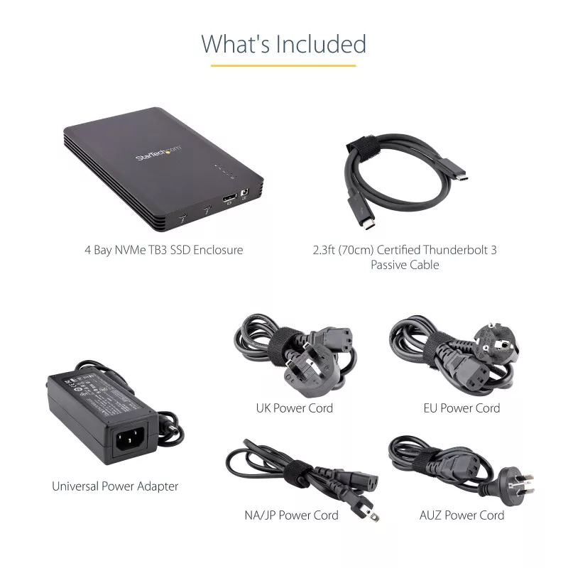 StarTech.com 4 nodalījumu Thunderbolt 3 NVMe korpuss, M.2 NVMe SSD diskiem, 1x DisplayPort video/ 2x TB3 pakārtotie porti, 40 Gbps, 72 W barošanas bloks, ārējais cietā diska korpuss