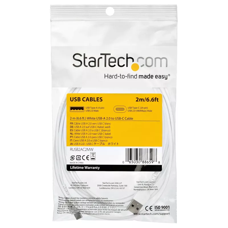 StarTech.com 2m USB A uz USB C uzlādes kabelis – izturīgs ātrai uzlādei un sinhronizācijai USB 2.0 uz USB Type C datu vads – izturīgs TPE apvalks aramīda šķiedra M/M 3A balts – Samsung S10, iPad Pro, Pixel