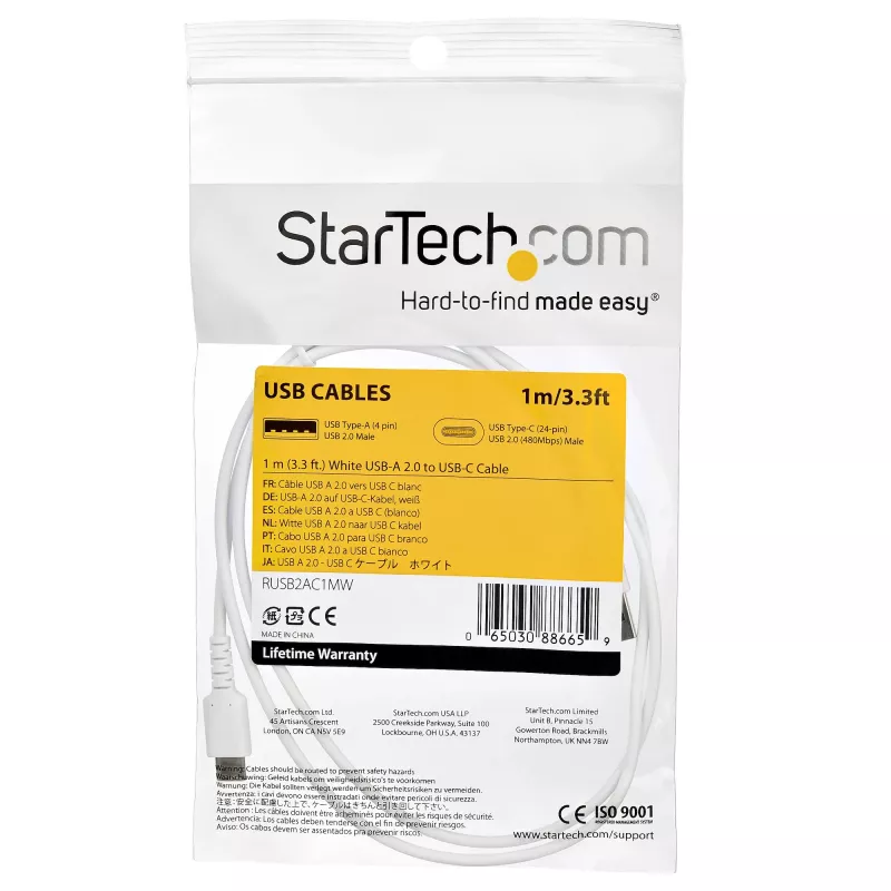 StarTech.com 1m USB A uz USB C uzlādes kabelis - Izturīgs ātrai uzlādei un sinhronizācijai USB 2.0 uz USB C tipa datu vads - Stingrs TPE apvalks aramīda šķiedra V/V 3A Balts - Samsung S10, iPad Pro, Pixel