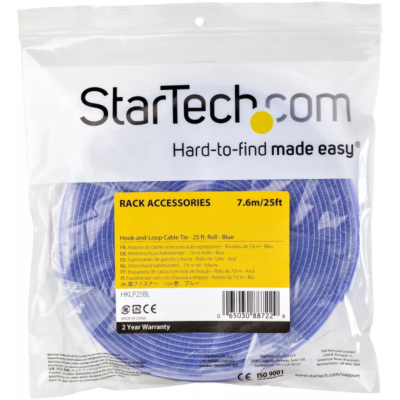 StarTech.com 25 pēdu āķa un cilpas ruļļa - pielāgojama izmēra atkārtoti lietojamas kabeļu saites - lielapjoma rūpnieciskā stieples stiprinājuma lente / regulējami auduma aptinumi zili / atkārtoti lietojamas pašsaķeres kabeļu pārvaldības siksnas