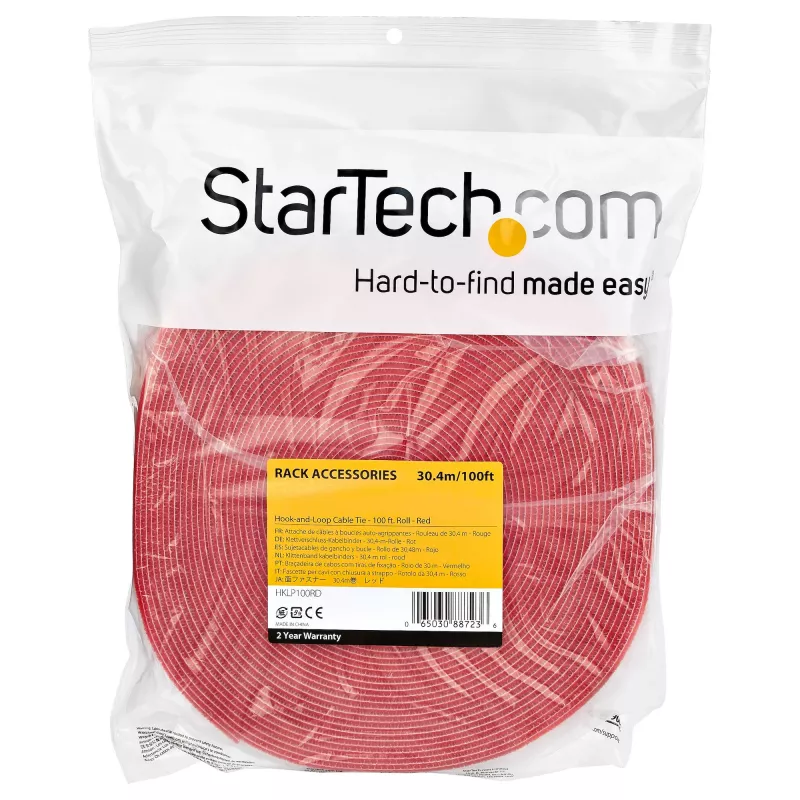 StarTech.com 100ft āķa un cilpas rullis – pēc izmēra piegriežamas atkārtoti lietojamas kabeļu saites – lielapjoma rūpnieciskā vadu stiprinājuma lente / regulējami auduma aptinumi sarkani / atkārtoti lietojamas pašsaķeršanās kabeļu pārvaldības siksnas