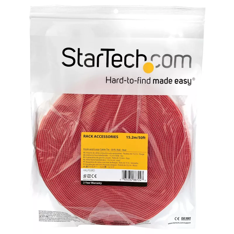 StarTech.com 15,24 m Āķa un cilpas ruļļa — Pielāgojami atkārtoti lietojami kabeļu stiprinājumi — Lielapjoma rūpnieciskā vadu stiprināšanas lente / Regulējami auduma aptinumi, sarkani / Atkārtoti lietojamas pašsaķerošas kabeļu pārvaldības siksnas