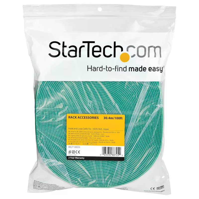 StarTech.com 100 pēdu āķa un cilpas rullis – griežamas atkārtoti lietojamas kabeļu saites – rūpnieciska stiepļu stiprinājuma lente / regulējami auduma aptinumi zaļi / atkārtoti lietojamas pašsaķeres kabeļu pārvaldības siksnas