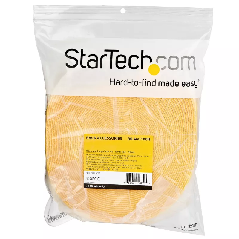 StarTech.com 100 pēdu āķa un cilpas rullis – pēc izmēra sagriežamas atkārtoti lietojamas kabeļu saites – lielapjoma rūpnieciskā stiepļu stiprinājuma lente / regulējami auduma aptinumi dzeltenā krāsā / atkārtoti lietojamas pašsaķeres kabeļu pārvaldības siksnas