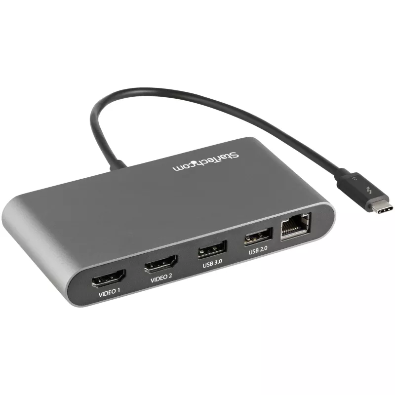 StarTech.com Dual-Monitor Thunderbolt Mini Dock, 4K 60Hz HDMI, bezvadu dokstacija operētājsistēmām Windows un Mac, Gigabit Ethernet, 1 x USB 5Gbps un 1x USB 2.0, 11 collu (28 cm) kabelis