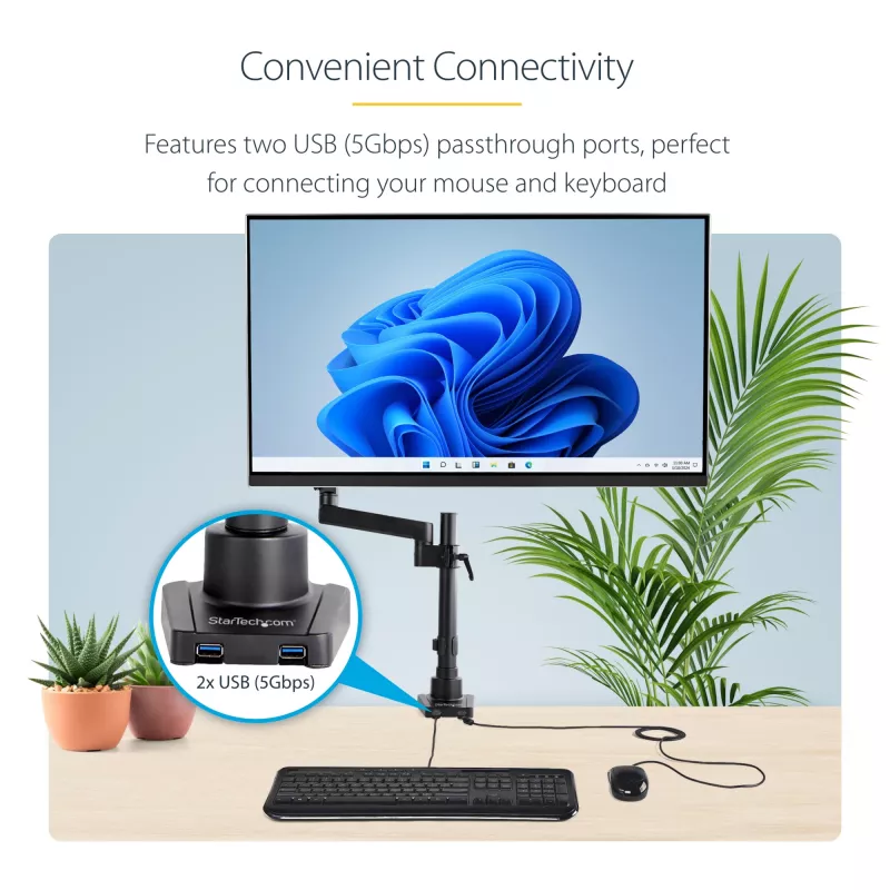 StarTech.com galda stiprinājuma monitora svira ar 2x USB 3.0 pieslēgvietām, pilnas kustības viena monitora stiprinājums, līdz 34 collu (17,6 mārciņas/8 kg) VESA displejs, skava/caurules stiprinājums, mehāniska atspere