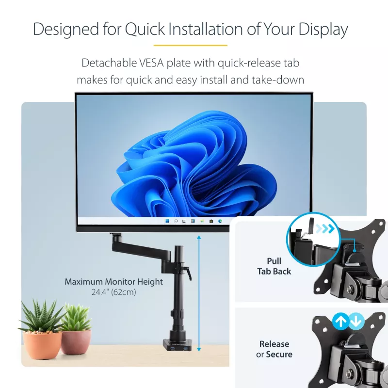 StarTech.com galda stiprinājuma monitora svira ar 2x USB 3.0 pieslēgvietām, pilnas kustības viena monitora stiprinājums, līdz 34 collu (17,6 mārciņas/8 kg) VESA displejs, skava/caurules stiprinājums, mehāniska atspere