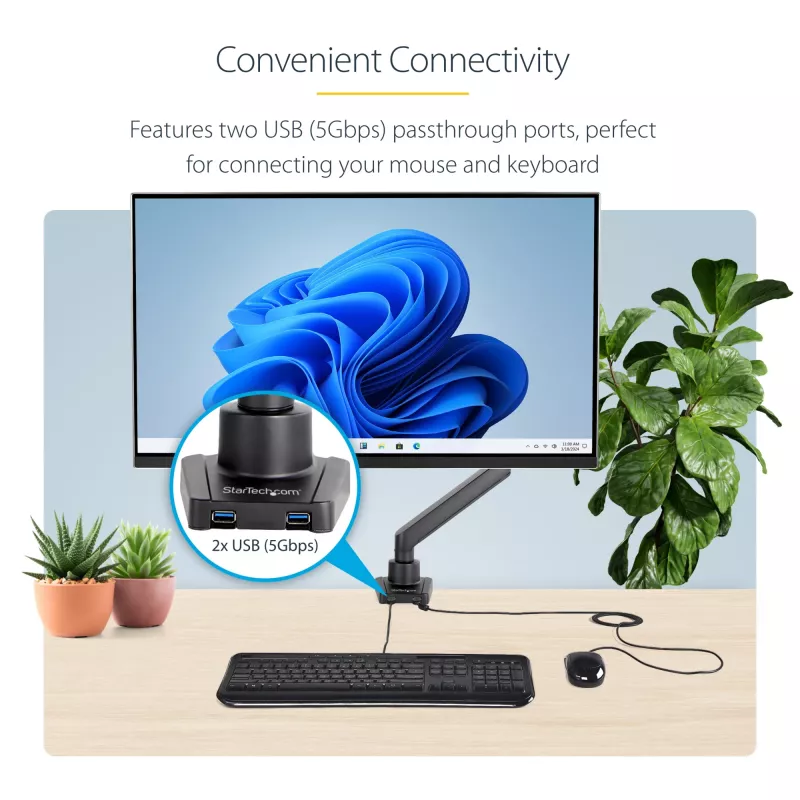 StarTech.com galda monitora kronšteins ar 2x USB 3.0 pieslēgvietām, plāns pilnas kustības viena monitora stiprinājums, līdz 34 collu (17.6 lb/8 kg) VESA displejs, skavas/caurlaides stiprinājums, mehāniskā atspere