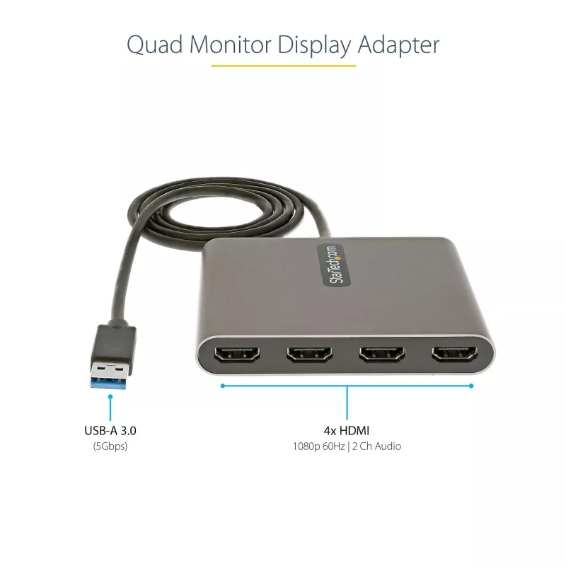 StarTech.com USB 3.0 uz četrkāršu HDMI adapteri, USB uz 4x HDMI monitors pārveidotājs operētājsistēmai Windows (nav atbalsta macOS/ChromeOS/Linux) - TAA