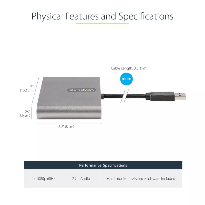 StarTech.com USB 3.0 uz četrkāršu HDMI adapteri, USB uz 4x HDMI monitors pārveidotājs operētājsistēmai Windows (nav atbalsta macOS/ChromeOS/Linux) - TAA