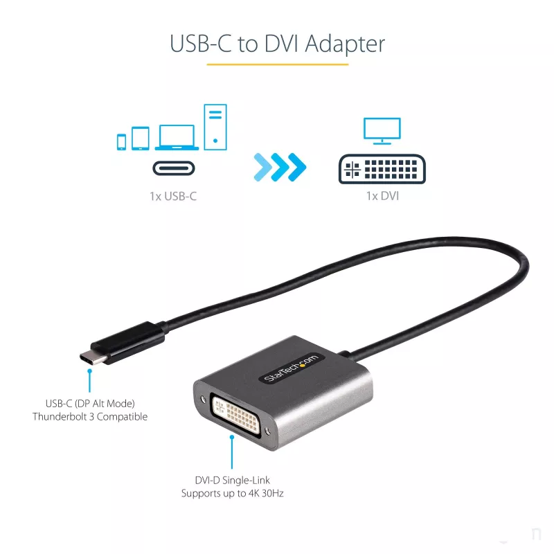 StarTech.com USB-C uz DVI adapteris - 1920x1200p USB-C uz DVI-D adaptera pārveidotājs - USB Type-C uz DVI Displejs/Monitors - Video pārveidotājs - Thunderbolt 3 saderīgs - 12 collu garš pievienots kabelis - Uzlabotā CDP2DVI versija