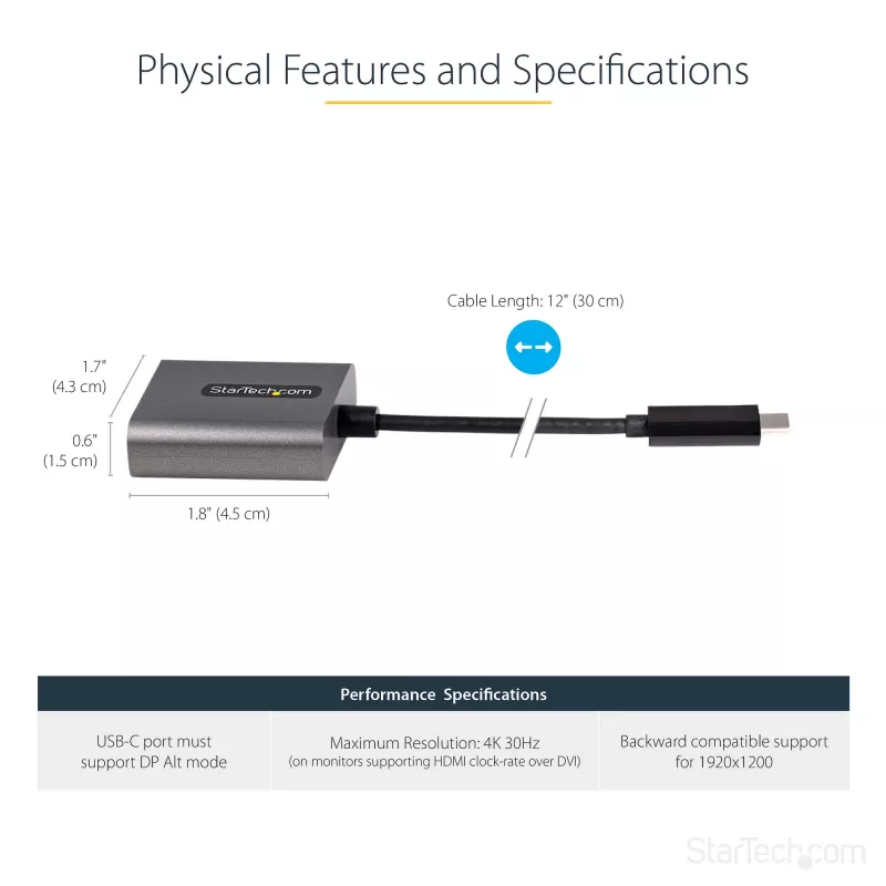 StarTech.com USB-C uz DVI adapteris - 1920x1200p USB-C uz DVI-D adaptera pārveidotājs - USB Type-C uz DVI Displejs/Monitors - Video pārveidotājs - Thunderbolt 3 saderīgs - 12 collu garš pievienots kabelis - Uzlabotā CDP2DVI versija
