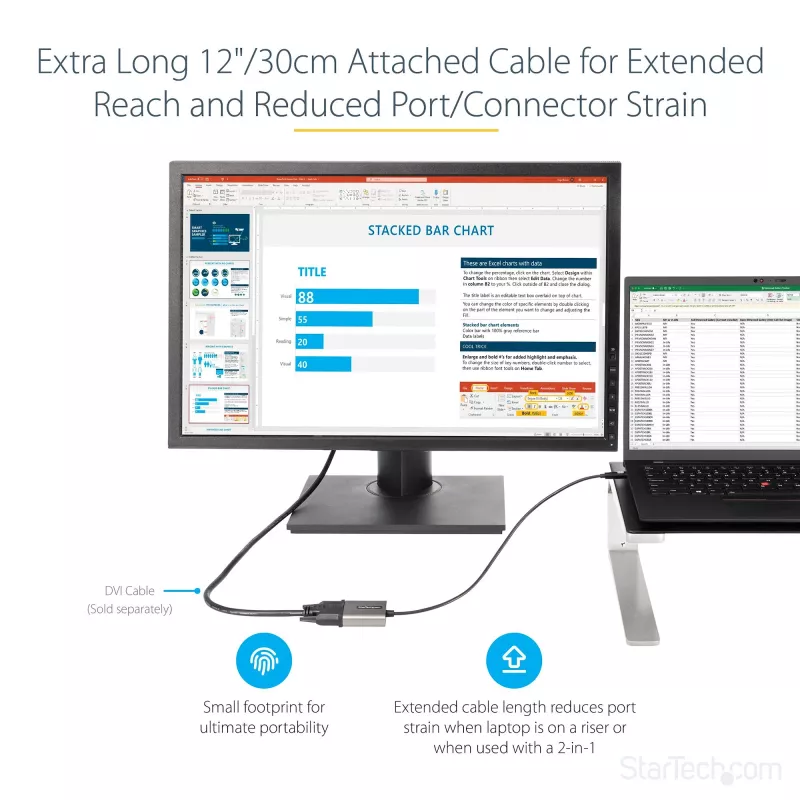 StarTech.com USB-C uz DVI adapteris - 1920x1200p USB-C uz DVI-D adaptera pārveidotājs - USB Type-C uz DVI Displejs/Monitors - Video pārveidotājs - Thunderbolt 3 saderīgs - 12 collu garš pievienots kabelis - Uzlabotā CDP2DVI versija