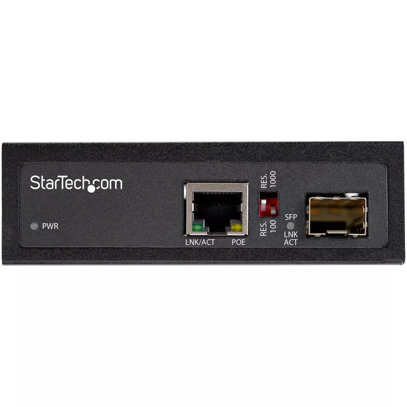 StarTech.com PoE+ rūpnieciskais optiskās šķiedras–Ethernet multivides pārveidotājs 60 W — SFP uz RJ45 — vienmoda/daudzmodu optiskā šķiedra uz vara Gigabit Ethernet — kompakts izmērs — IP30 / -40 līdz +75 °C
