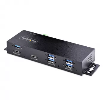 StarTech.com 7 portu industriālais USB 10 Gbps centrmezgls ar strāvas adapteri, metāla, montējams, 5x USB-A un 2x USB-C pakārtotie porti, ESD aizsardzība, darbināms USB centrmezgls, TAA