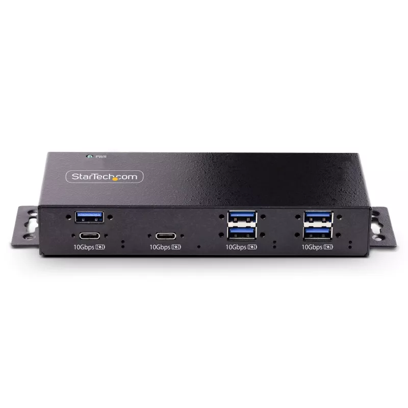 StarTech.com 7 portu industriālais USB 10 Gbps centrmezgls ar strāvas adapteri, metāla, montējams, 5x USB-A un 2x USB-C pakārtotie porti, ESD aizsardzība, darbināms USB centrmezgls, TAA