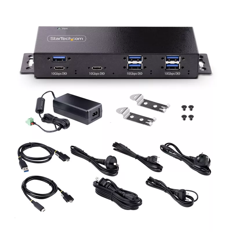 StarTech.com 7 portu industriālais USB 10 Gbps centrmezgls ar strāvas adapteri, metāla, montējams, 5x USB-A un 2x USB-C pakārtotie porti, ESD aizsardzība, darbināms USB centrmezgls, TAA