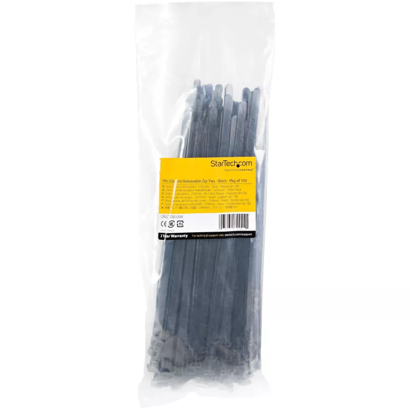 StarTech.com 10 collu (25cm) atkārtoti lietojamas kabeļu saites - 1/4 collas (7mm) platas, 2-1/2 collu (65mm) saišķa diametrs, 50lb (22kg) stiepes izturība, atvienojamas neilona saites, iekštelpām/ārā, 94V-2/UL sarakstā, 100 iepakojumā - Melnas