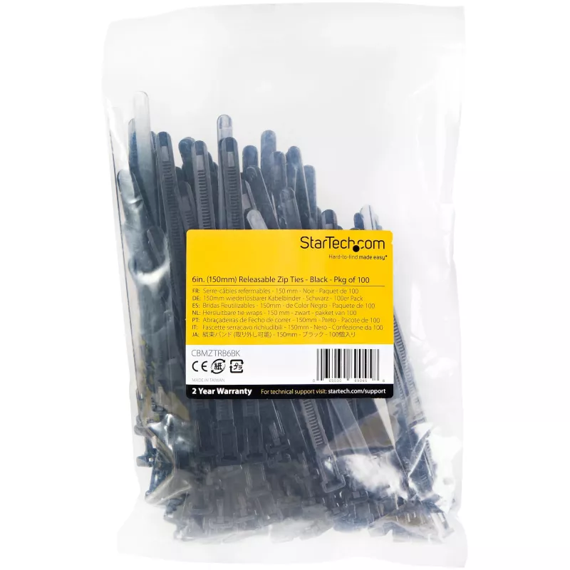 StarTech.com 6 collu (15cm) atkārtoti izmantojamās kabeļu saites - 1/4 collas (7mm) platas, 1-3/8 collas (35mm) saišķa diametrs, 50lb (22kg) stiepes izturība, atvienojamās neilona saites, iekštelpām/ārā, 94V-2/UL sarakstā, 100 gab. iepakojumā - melnas