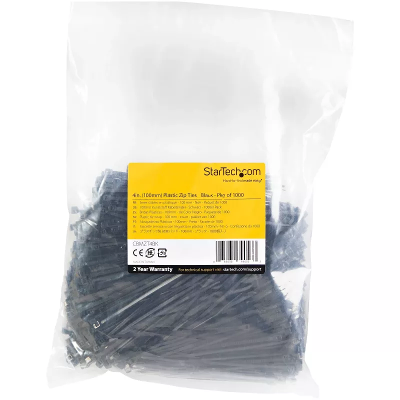 StarTech.com 4 collu (10 cm) kabeļu saites — 1/16 collas (2 mm) platas, 7/8 collu (22 mm) saišķa diametrs, 18 mārciņu (8 kg) stiepes izturība, neilona pašbloķējošas rāvējslēdzēja saites ar izliektu galu — 94V-2/UL sarakstā, 1000 iepakojums — melnas