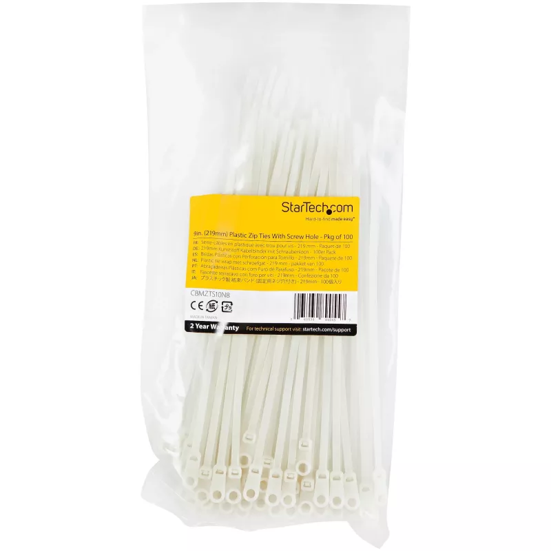 StarTech.com 8 collu (20cm) kabeļu saites ar montāžas atveri - 1/8 collas (4mm) platas, 2 collu (52mm) saišķa diametrs, 50 mārciņu (22kg) stiepes izturība, neilons 66 pašbloķējošās saites ar skrūvju atveri, UL sarakstā, 100 iepakojumā