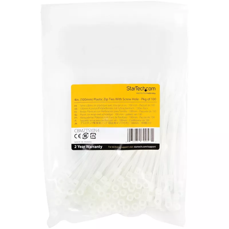 StarTech.com 4 collu (10cm) kabeļu saites ar montāžas atveri - 1/16 collas (2mm) platas, 7/8 collu (24mm) saišķa diam., 18 lb (8kg) stiepes izturība, neilona 66 pašfiksējošas saites ar skrūvju atveri, UL sarakstā, 100 gab. iepakojumā