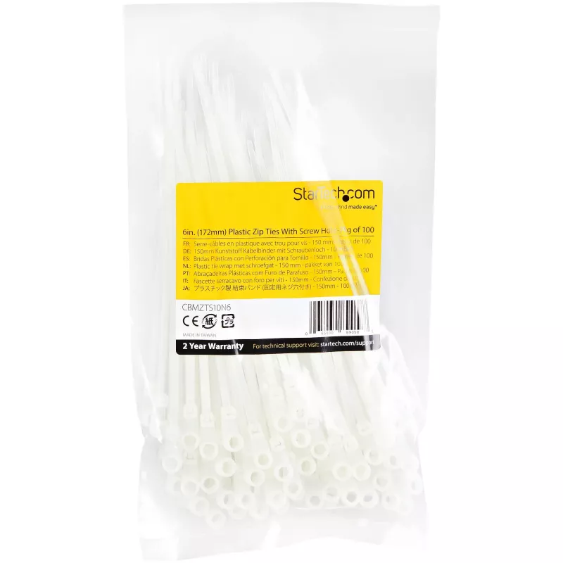 StarTech.com 6 collu (15 cm) kabeļu saites ar montāžas caurumu – 1/8 collas (3 mm) platas, 1-1/2 collu (40 mm) saišķa diametrs, 40 lb (18 kg) stiepes izturība, neilona 66 pašbloķējošas saites ar skrūvju caurumu, UL sarakstā, 100 gab.