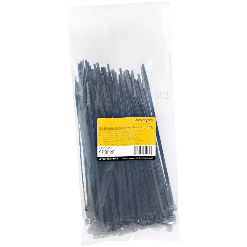StarTech.com 8 collu (20cm) kabeļu saites - 1/8 collu (4mm) platas, 2-1/8 collu (55mm) saišķa diametrs, 50 mārciņas (22kg) stiepes izturība, neilona pašbloķējošas rāvējslēdzēja saites ar izliektu galu - 94V-2/UL sarakstā, 100 gab. iepakojumā - Melnas