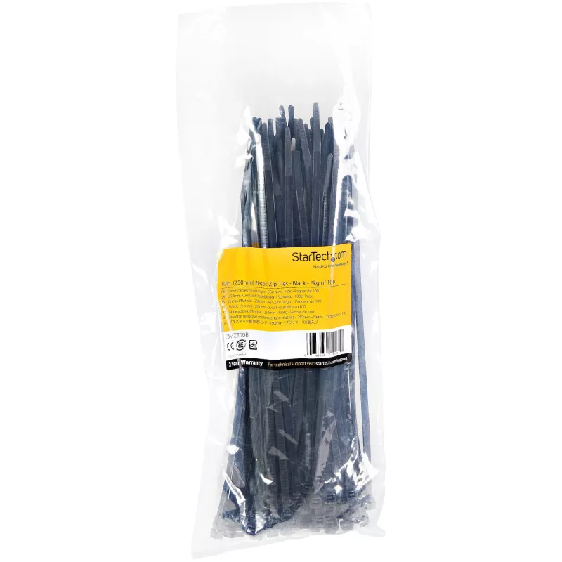 StarTech.com 10 collu (25 cm) kabeļu saites - 1/8 collas (4 mm) platas, 2-5/8 collu (68 mm) saišķa diametrs, 50 mārciņu (22 kg) stiepes izturība, neilona pašbloķējošas rāvējslēdzēja saites ar izliektu galu - 94V-2/UL sarakstā, 100 gab. iepakojums - melnas
