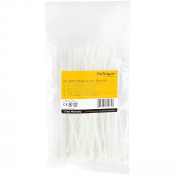 StarTech.com 100-Pack 6 collu(15cm) kabeļu saites - 1/8 collu(3.6mm) platas, 1-3/8 collu(39mm) sainīša diametrs, 40lb(18kg) stiepes izturība, neilona pašfiksējošas rāvējslēdzēja saites ar izliektu galu, UL sarakstā, balta - TAA
