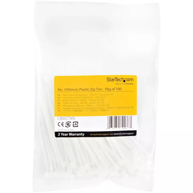 StarTech.com 4 collu (10 cm) kabeļu saites - 1/16 collas (2 mm) platas, 7/8 collas (22 mm) saišķa diametrs, 18 mārciņu (8 kg) stiepes izturība, neilona pašbloķējošas rāvējslēdzēja saites ar izliektu galu - 94V-2/UL sarakstā, 100 iepakojumā - balts