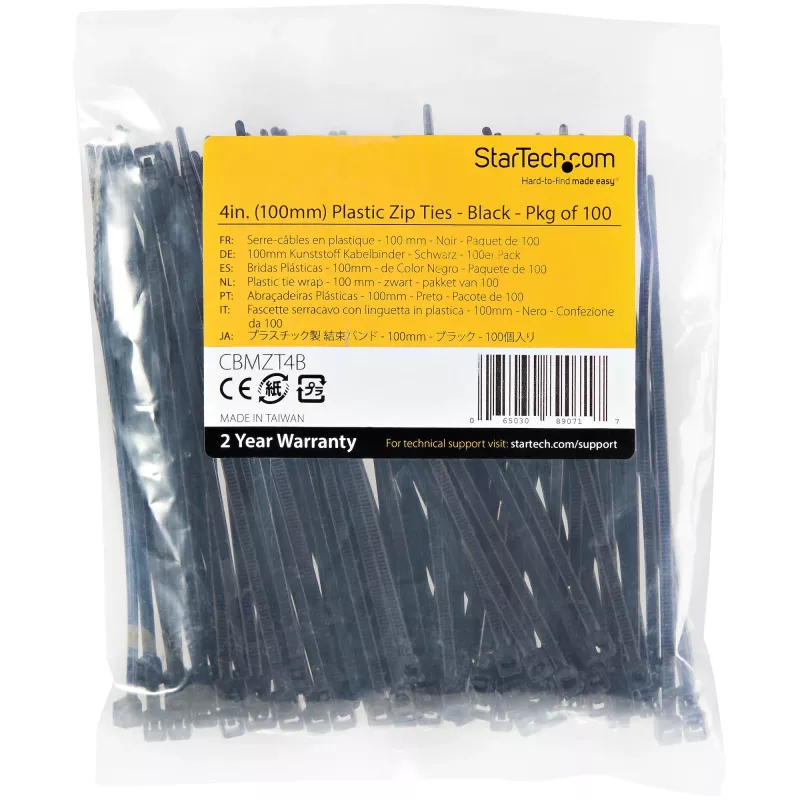 StarTech.com 4 collu (10 cm) kabeļu saites — 1/16 collu (2 mm) platas, 7/8 collu (22 mm) saišķa diametrs, 18 mārciņu (8 kg) stiepes izturība, neilona pašfiksējošās rāvējslēdzēju saites ar izliektu galu — 94V-2/UL sarakstā, 100 iepakojumā — melnas