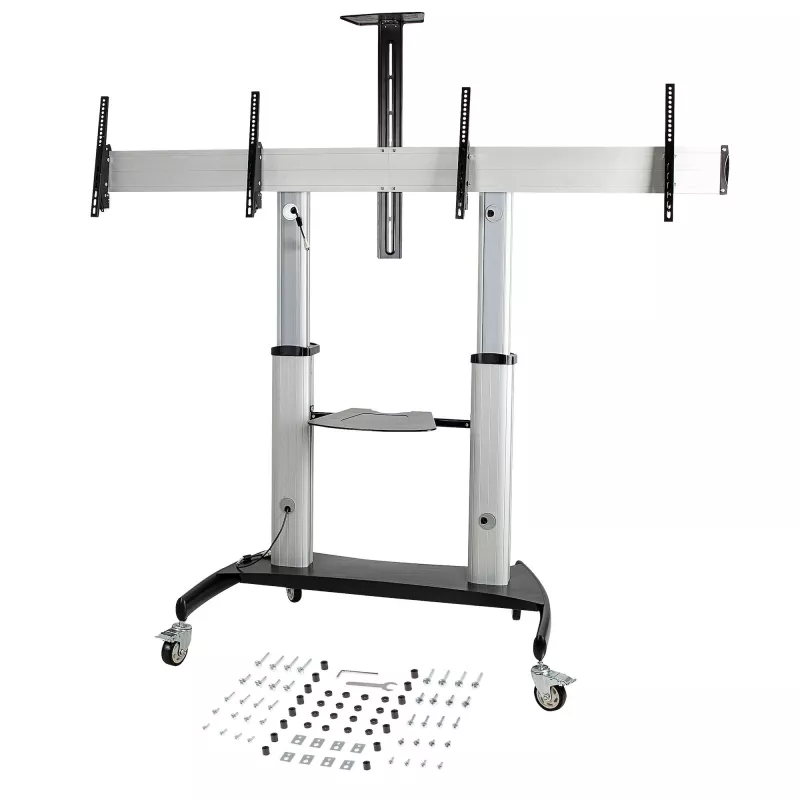 StarTech.com Dubults TV ratiņi 37–60 collu VESA televizoriem līdz 110 mārciņām/50 kg katram – augstumā regulējams TV stiprinājums, pārvietojami displeja ratiņi ar aprīkojuma plauktiem – ritoši TV ratiņi ar riteņiem – ritošs TV statīvs
