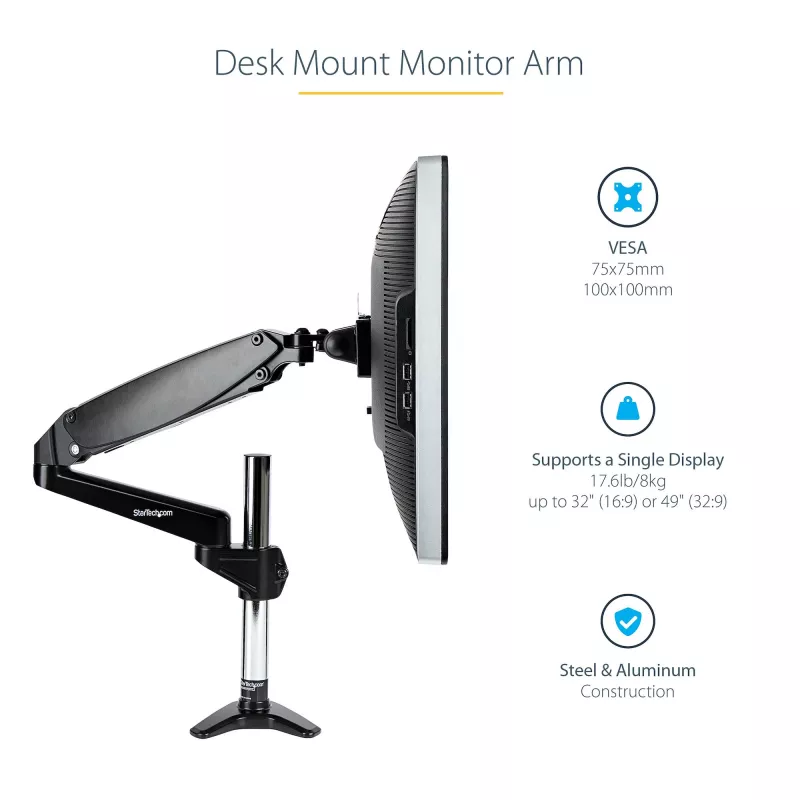 StarTech.com galda stiprinājuma monitora svira vienam VESA displejam līdz 32 collām vai 49 collu platekrānam 8 kg/17,6 lb - pilnas kustības šarnīra un augstuma regulējama - C veida skava, caurlaide - viena monitora svira