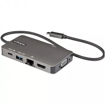 StarTech.com USB-C daudzportu adapteris - USB-C uz 4K 30Hz HDMI vai 1080p VGA - USB Type-C mini dokotājs ar 100W jaudas piegādes caurlaidi, 3 portu USB centrmezgls 5Gbps, GbE - 12 collu (30cm) pievienots kabelis