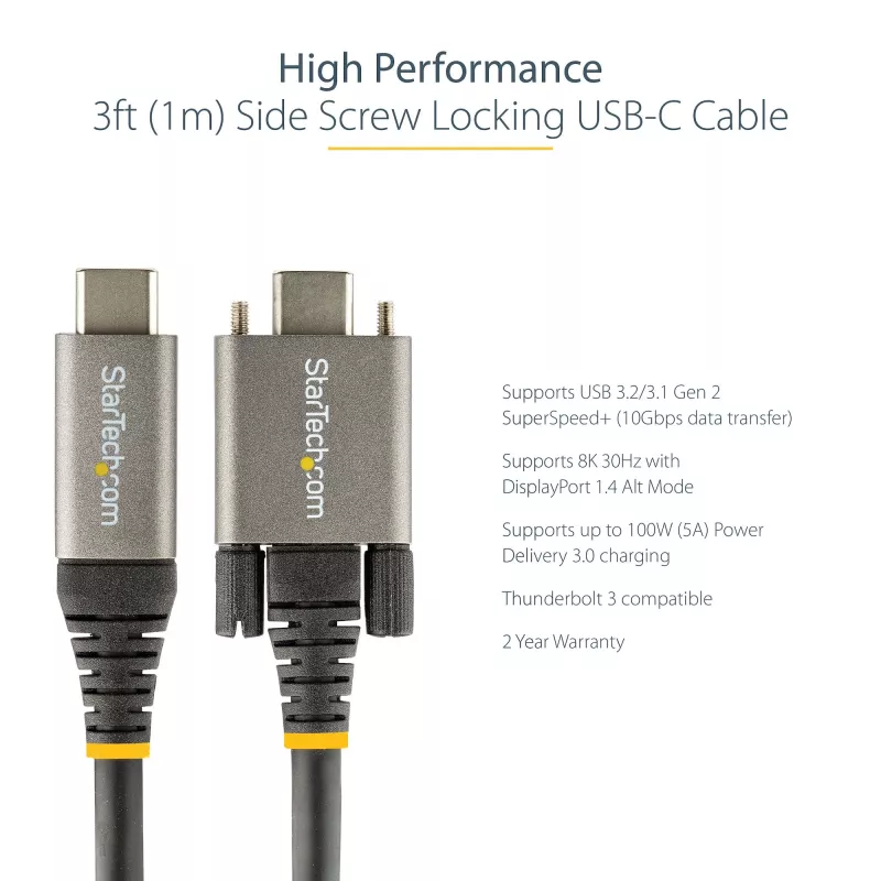 StarTech.com 20 collu (50 cm) sānu skrūvju bloķēšanas USB-C kabelis 10 Gbit/s - USB 3.1/3.2 Gen 2 Type-C kabelis - 100 W (5 A) jaudas piegādes uzlāde, DP Alt režīms - divkārša skrūvju bloķēšana - USB-C vads uzlādei/sinhronizācijai