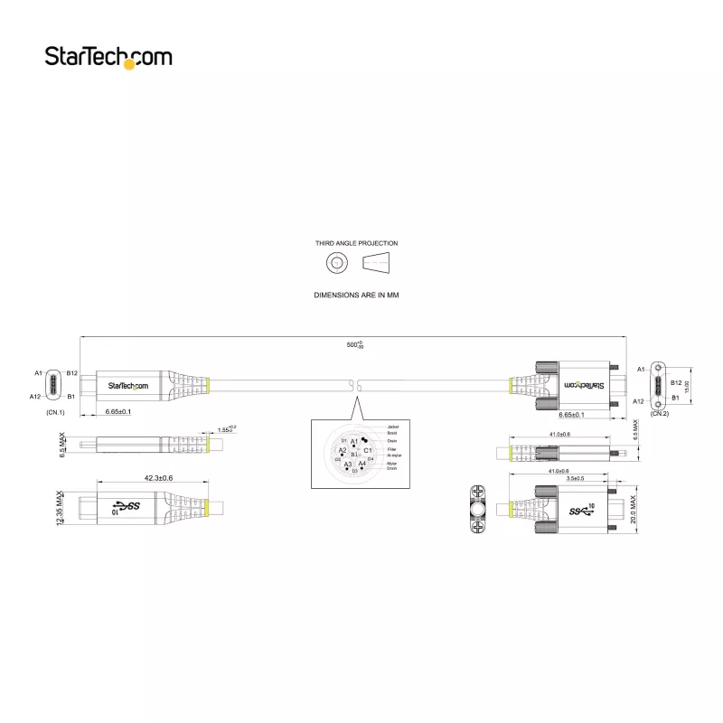 StarTech.com 20 collu (50 cm) sānu skrūvju bloķēšanas USB-C kabelis 10 Gbit/s - USB 3.1/3.2 Gen 2 Type-C kabelis - 100 W (5 A) jaudas piegādes uzlāde, DP Alt režīms - divkārša skrūvju bloķēšana - USB-C vads uzlādei/sinhronizācijai