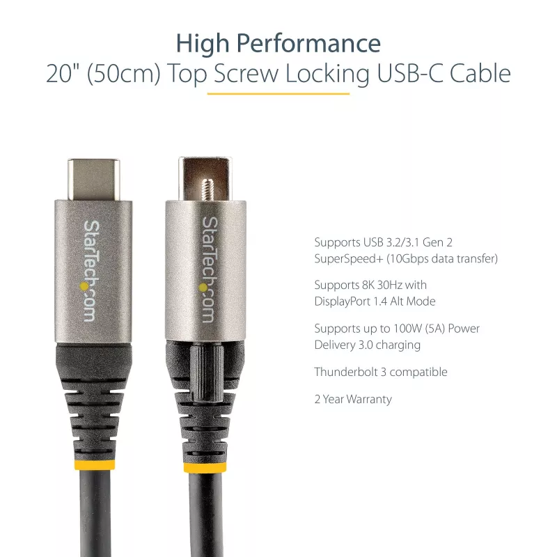 StarTech.com 20 collu (50 cm) augšējās skrūves fiksējošs USB C kabelis 10 Gbps - USB 3.1/3.2 Gen 2 Type-C kabelis - 100 W (5 A) Power Delivery uzlāde, DP Alt Mode - viena skrūves fiksācija, USB-C vads uzlādei/sinhronizācijai